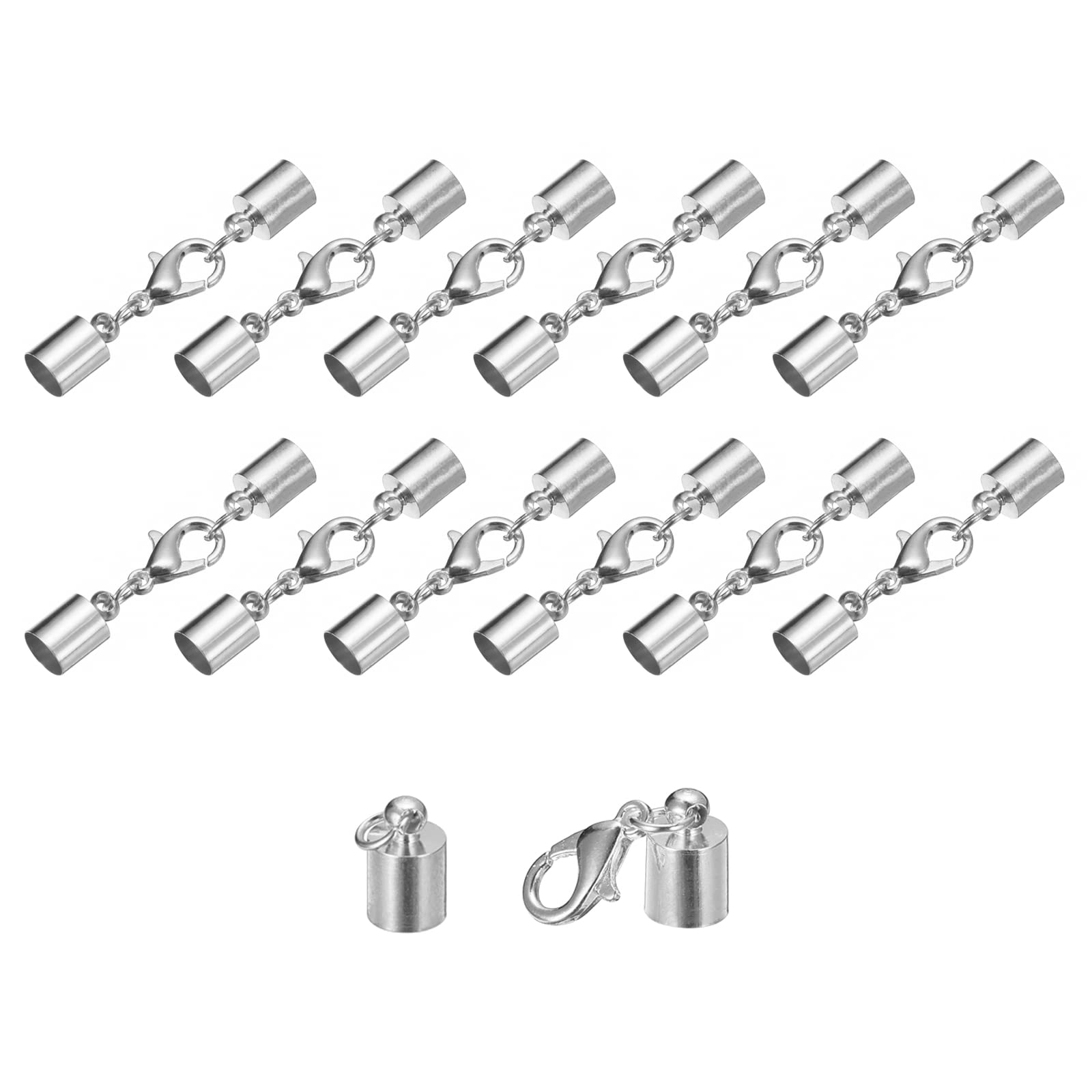 sourcing map 20Sets Leather Cord End Caps with Lobster Claw Clasps Fit 5.5mm Cords, Barrel Terminators for DIY Making Leather Bracelets, Rhodium Tone