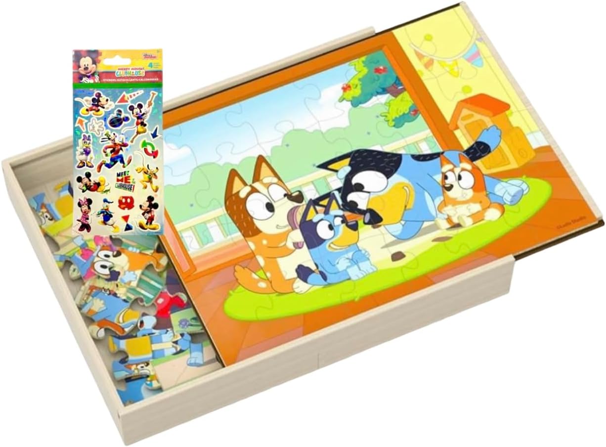 Bluey 5 Wood Puzzles with Storage Box, 72 Exclusive Mickey Mouse Clubhouse Stickers and Star Wars 300+ Stickers Bundle for Kids - Ages 3 and Up