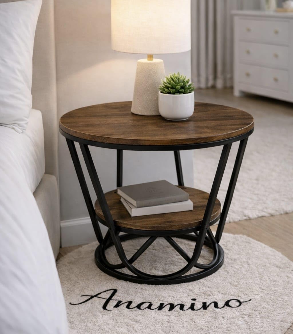 Anamino Multi-Purpose Round Coffee Table Marble Look Sofa Tea Table 2-Tier Compact Center Table with Open Shelf Storage for Living Room Bedroom (Black Walnut)-image-11