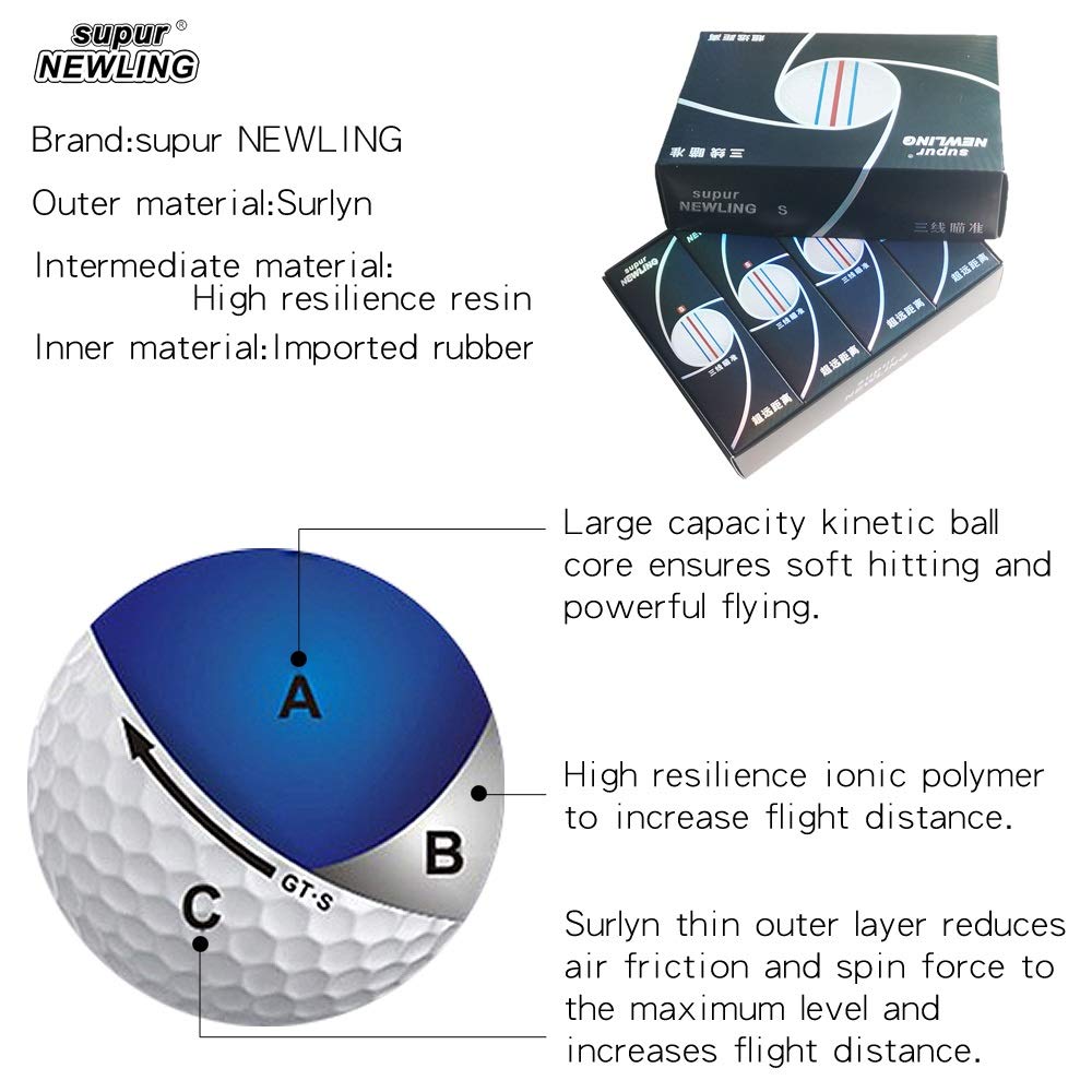 12pcs / Box supur Newling Golfball mit Kleinpaket 3 Farbe voll Ziel Linien 3-teiligen Golfspielball Super-Long Distance (Color : 1box of Golf Ball)