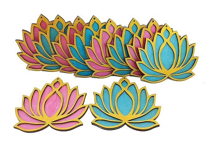 12 Golden Frame Lotus Flower Wooden Cutout. 6 with Rose Pink Base. 6 with Ocean Blue Base. Festive DIY Craft Material Kit. Decoration for Diwali, Dashera, Rangoli,Pooja, Wedding