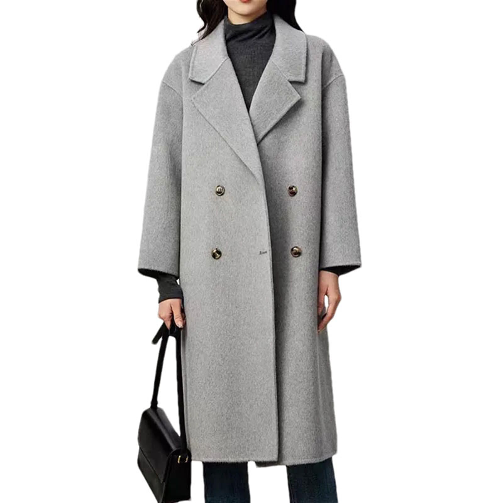 Womens Winter Wool Pea Coat Notched Lapel Double Breasted Office Long Trench Coat Outwear