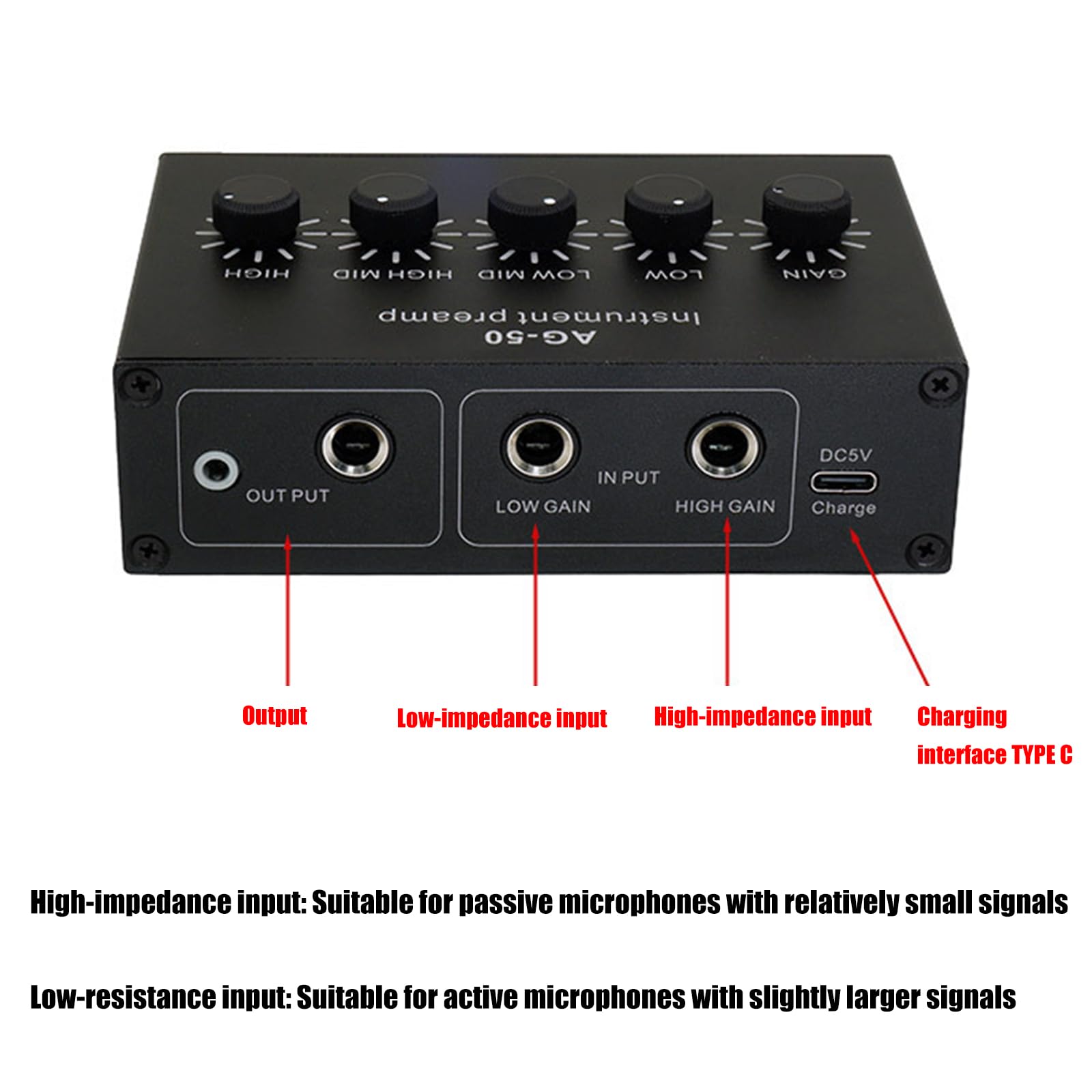 Préamplificateur instrument avec batterie 22dB 500mAh pour guitare
