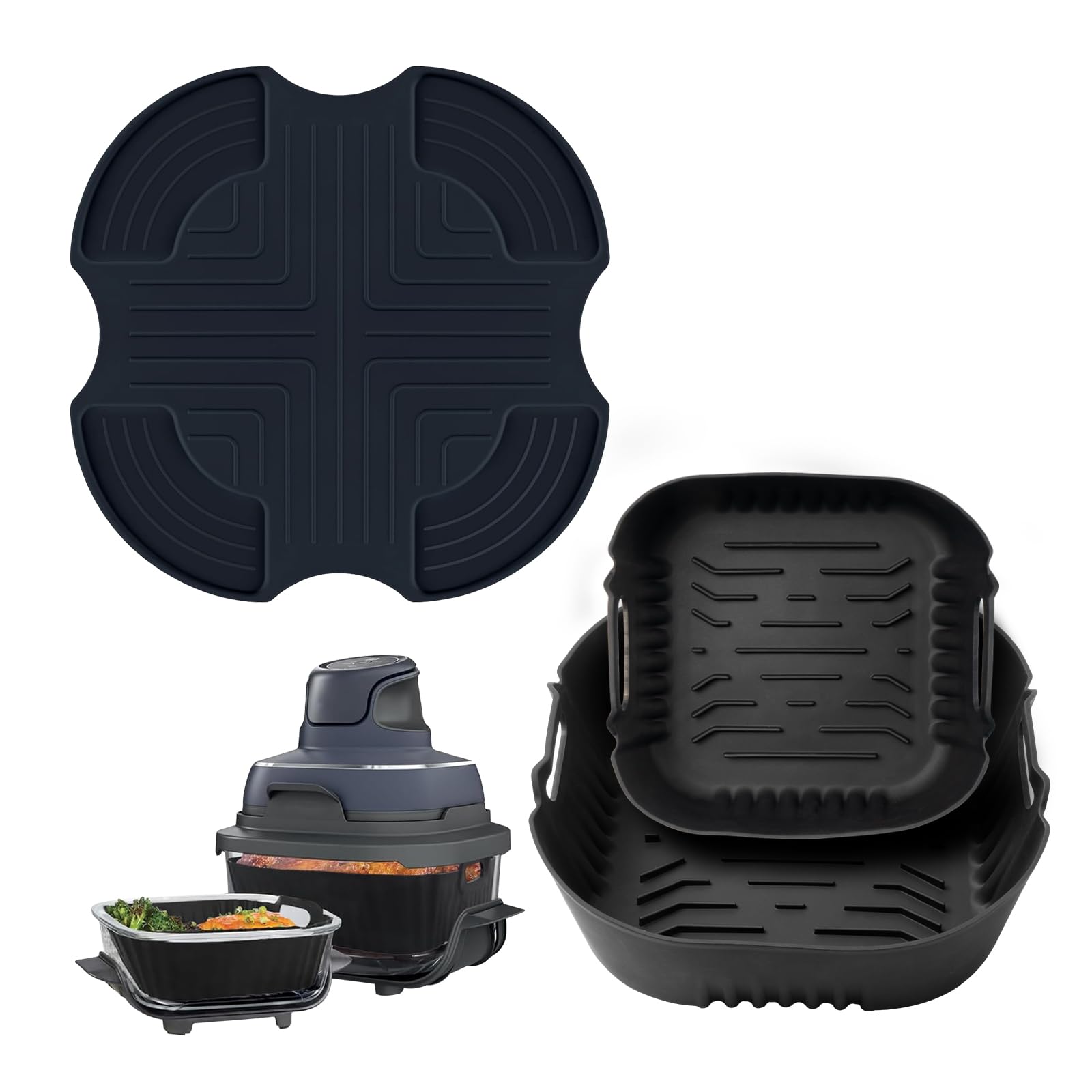 2pcs Silicone Air Fryer Liners + Heat Resistant Mat for Ninja Crispi FN101 | for Ninja FN101ST / FN101GY / FN101SG, Food-Grade Silicone, Heat-Resistant, Non-Stick, High-temperature Resistant up to 446°F