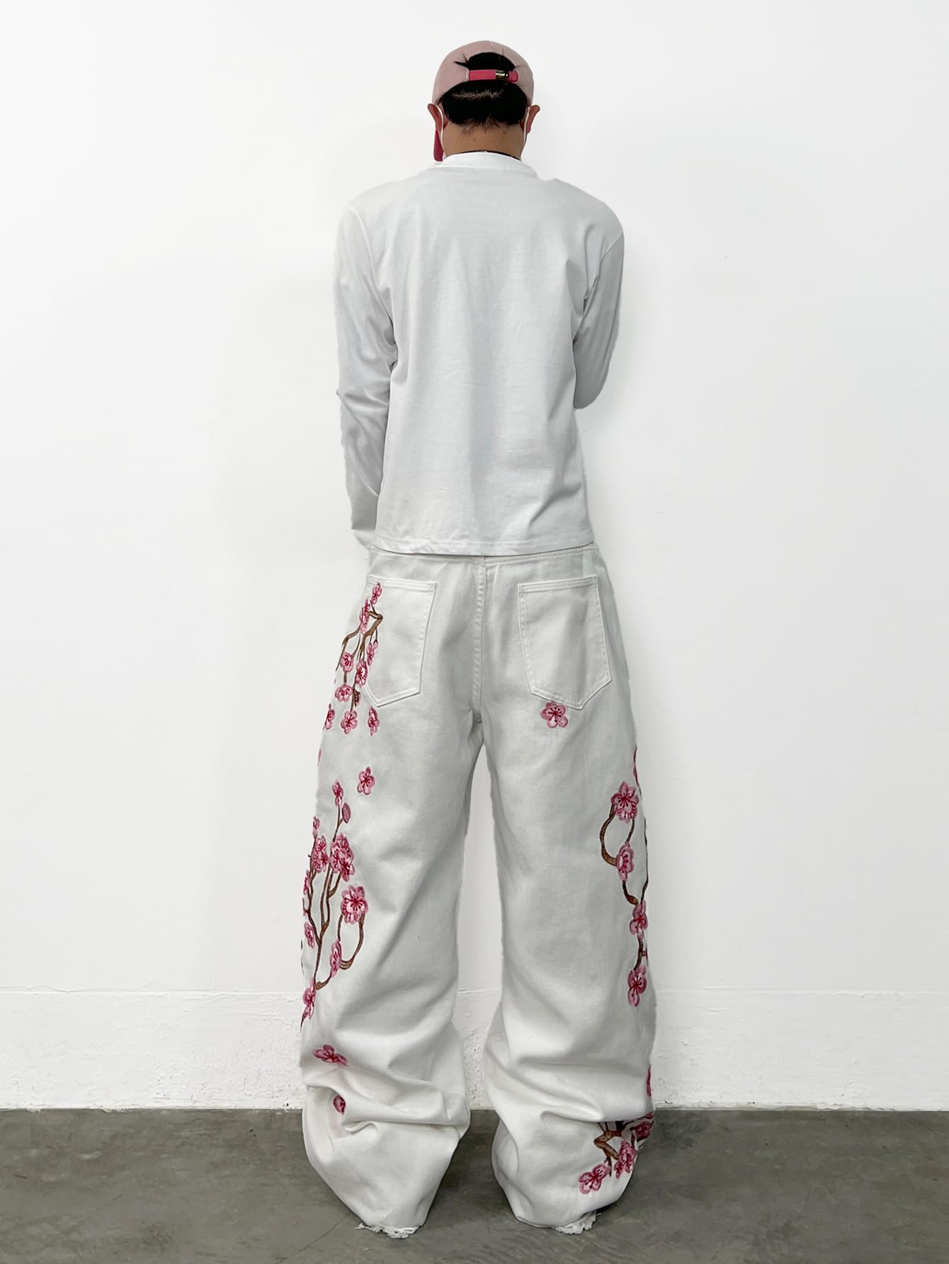 Jeans larghi ricamati da uomo, stile hip hop, fiori di prugno, gamba larga, Y2K