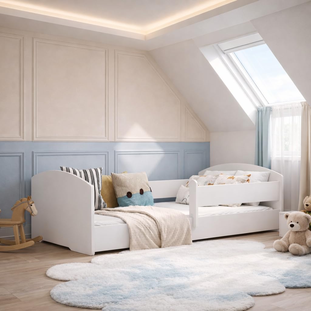 KOBI Letto Montessori LEO 160x80 con materasso: un letto per bambini moderno, sicuro e molto comodo, struttura robusta, elegante stile scandinavo, finitura bianca di alta qualità di prima classe