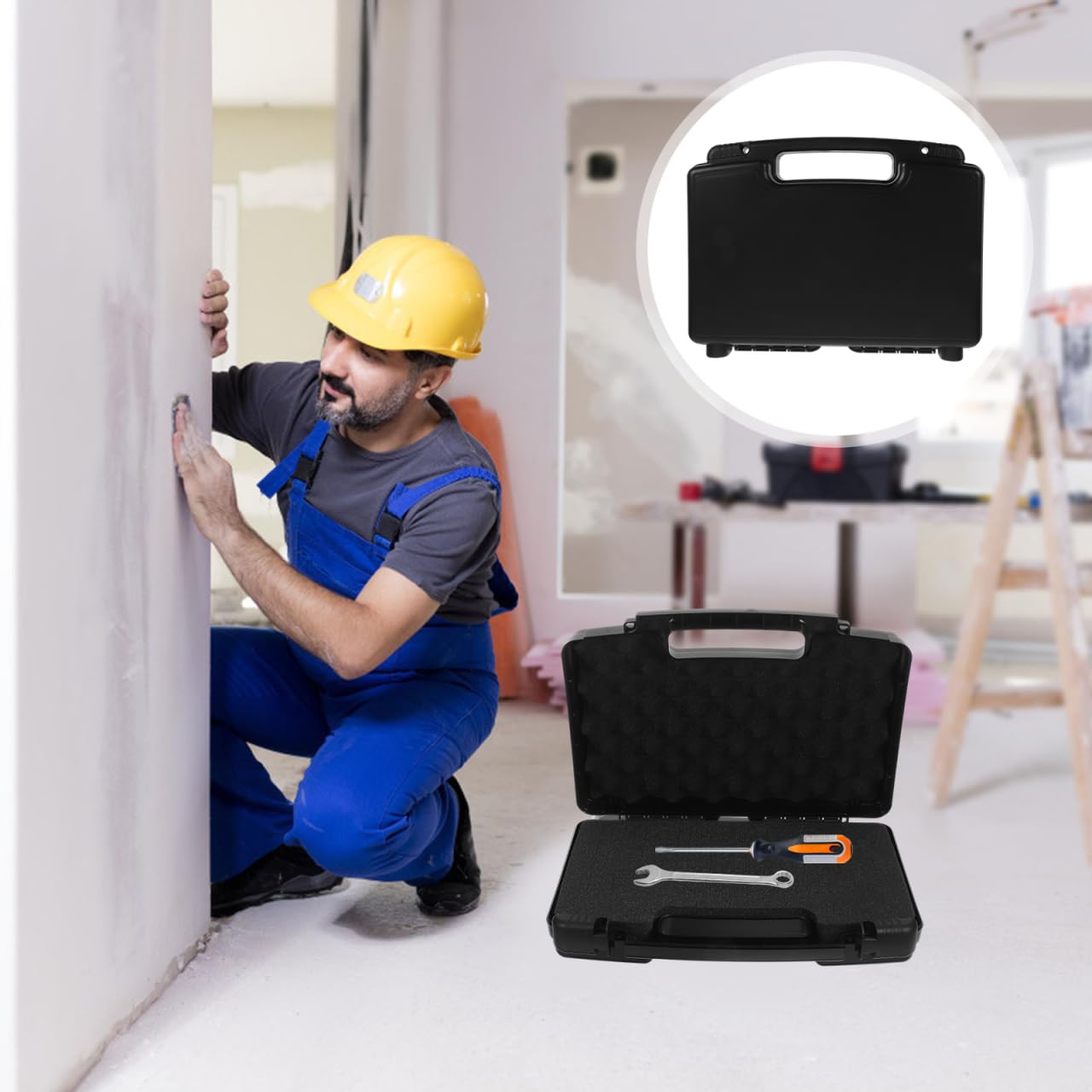 DOITOOL Caja de herramientas de plástico con asa, estuche de transporte de plástico con inserto de espuma, estuche de almacenamiento portátil de herramientas de reparación, organizador de transporte