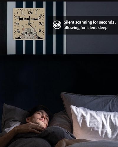 Miniatura 6 de Adorable Cat Welcome Wooden Wall Clock Silent Non Ticking, Retro Paws Footprints Square Wall Clock Battery Operated, Decor Clock for Home Office,