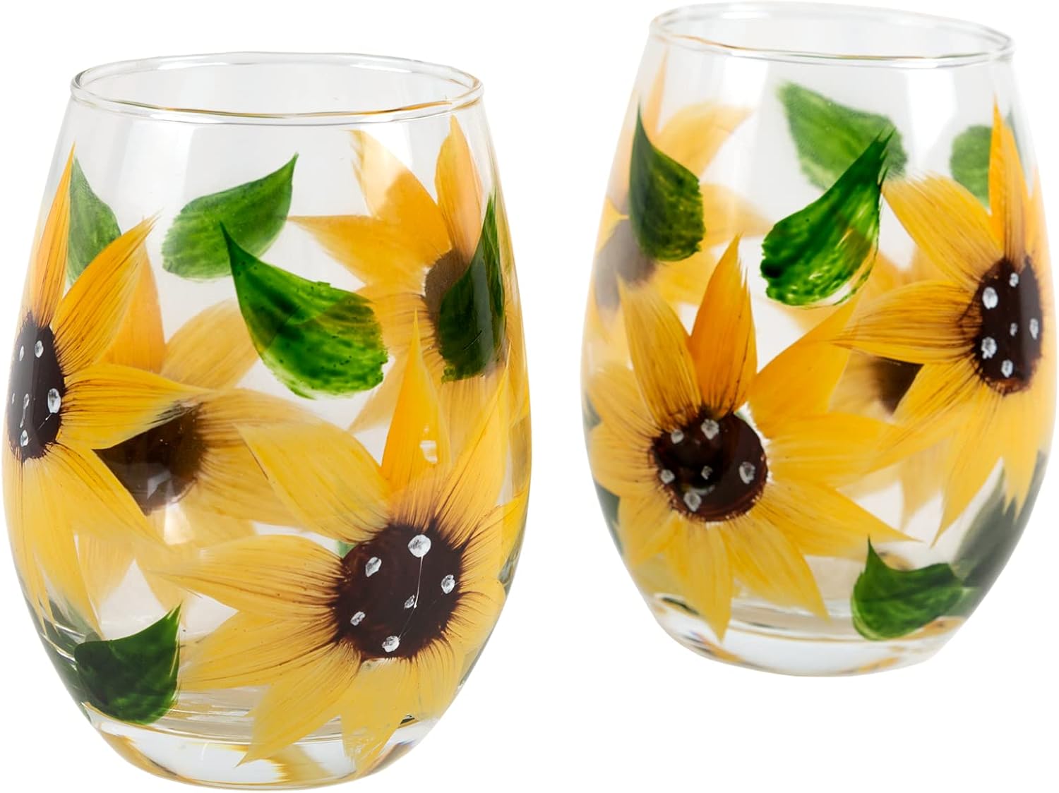 Hand-Painted Sunflower Stemless Wine Glass Set - Premium Gift Box - Rustic Country Farmhouse Decor - Kitchen Gift, Set of 2