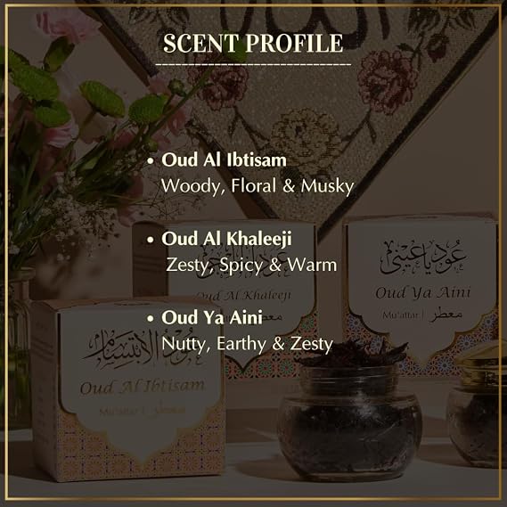Dukhni Muattar Bakhoor Oud Ya Aini, Al Khaleeji, Al Ibtisam. 3 x 40g Jars of Authentic Arabic BAKHOOR Incense Wood Chips. Perfect for Prayer, Ceremony, Meditation, Relaxation