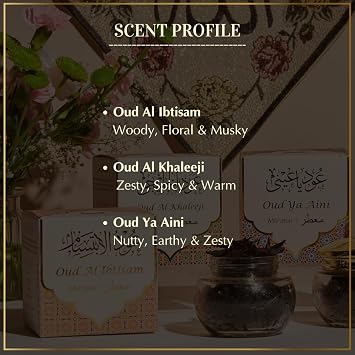 Dukhni Muattar Bakhoor Oud Ya Aini, Al Khaleeji, Al Ibtisam. 3 x 40g Jars of Authentic Arabic BAKHOOR Incense Wood Chips. Perfect for Prayer, Ceremony, Meditation, Relaxation