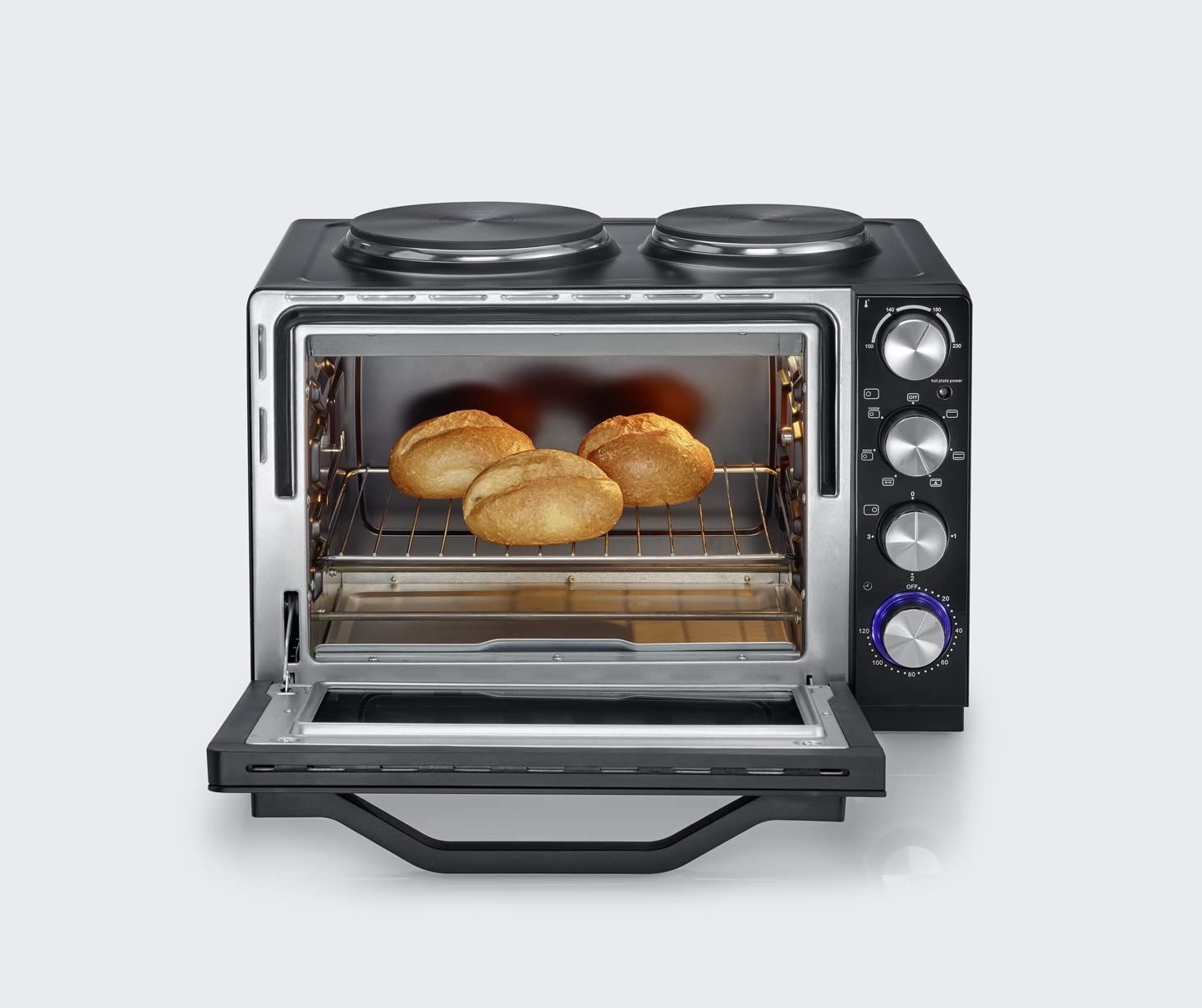 SEVERIN Mini-Four à chaleur tournante 30 L avec tournebroche et plaques de cuisson, Four posable 2 500 W design élégant, Mini-four électrique minuteur 120 min, Noir/Inox, TO 2065