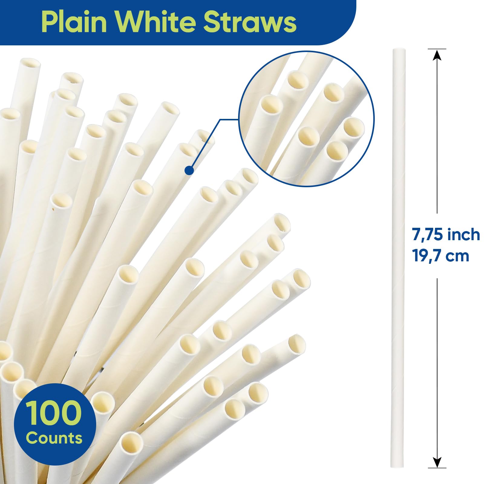 Lives on Green 19.7cm Disposable Paper Straws Dye Free White Cocktail Juice Drink Coffee Drinking Straws - Pack of 100 - Image 3