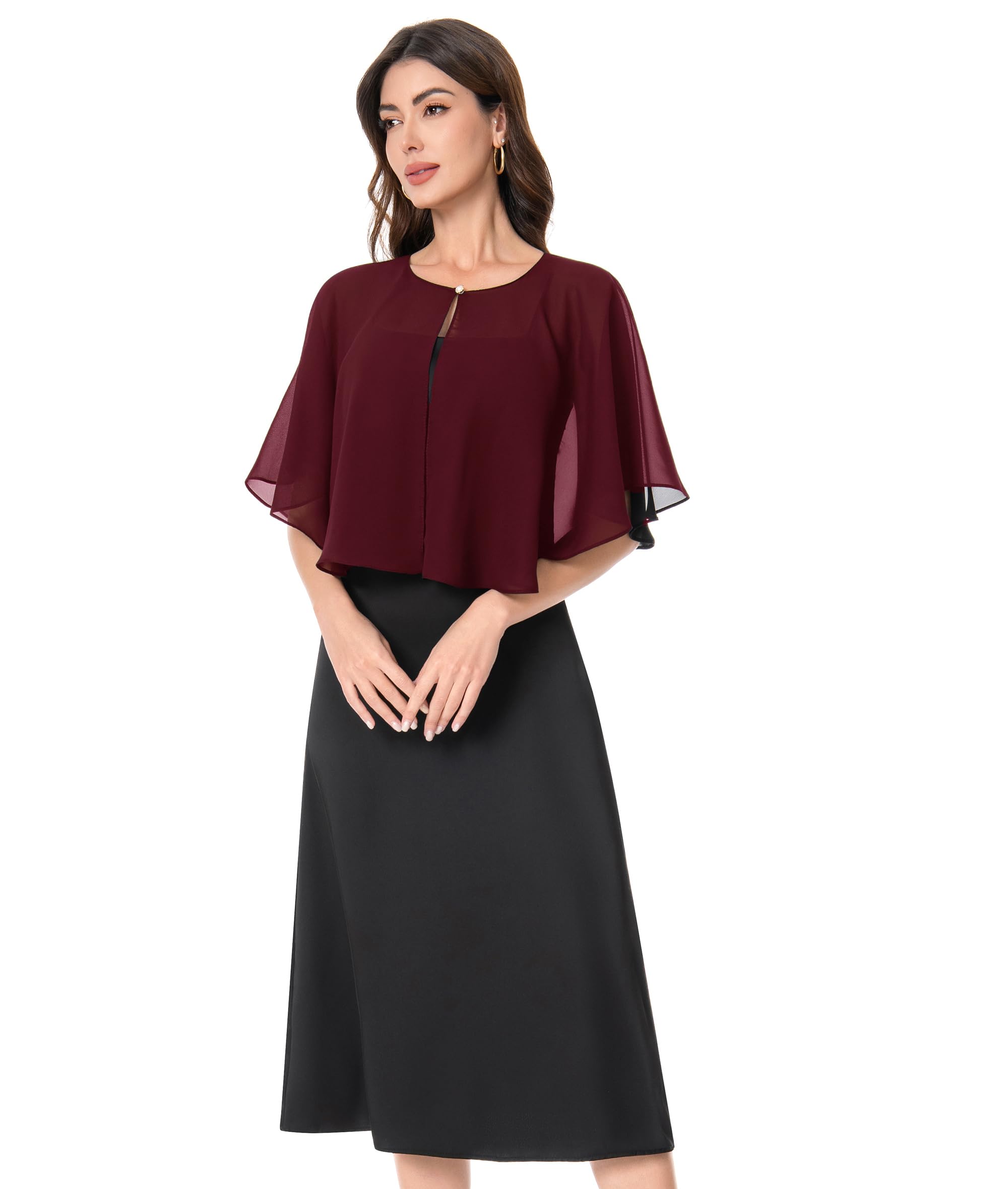 Baoqiya Capelets for women Chiffon Cape Soft Shawls and Wraps Wedding Capes 1920s flapper Cover Up, Burgundy, One Size