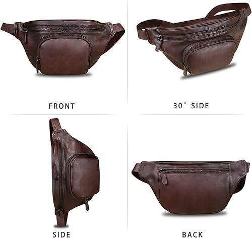 Miniatura 4 de Riñonera de cuero genuino para mujeres y hombres, bolso cruzado de cuero real vintage, bolso cruzado de moda para la cintura, Café, Riñonera