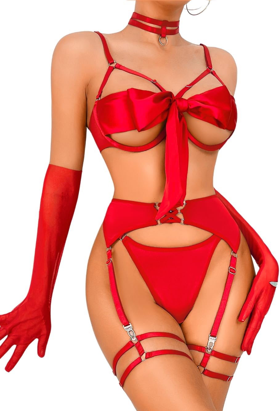 Kaei&Shi Sexy Bow Lingerie for Women,Unwrap Present Bra And Panty Set,Strappy Garter Lingeries Xmas Valentines Birthday Gift