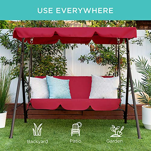 Best Choice Products 2-Person Outdoor Patio Swing Chair, Hanging Glider Porch Bench For Garden, Poolside, Backyard W/Convertible Canopy, Adjustable Shade, Removable Cushions - Burgundy #TOP5