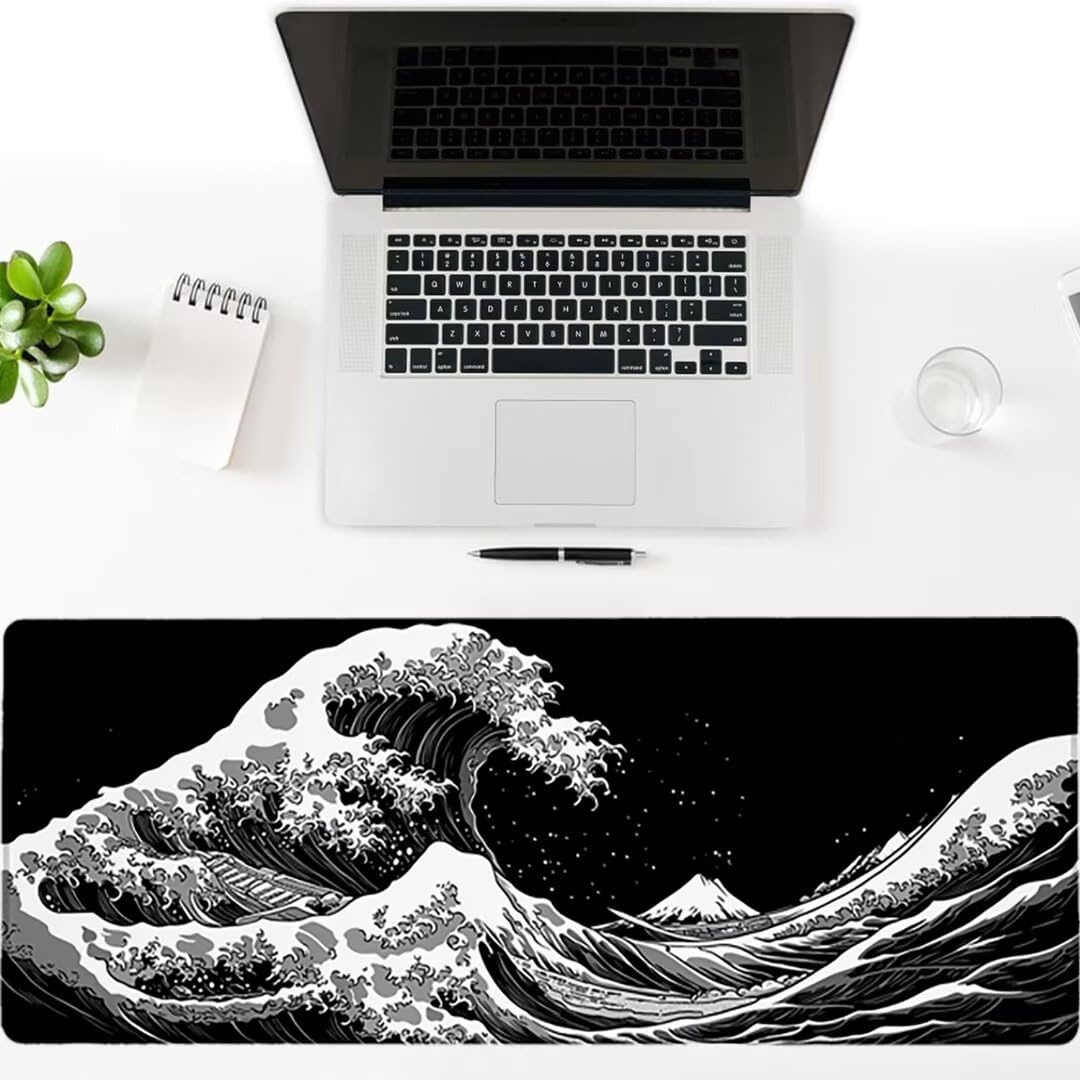 Podkładka pod mysz do gier XXL - 1600x800x3mm - ocean duża antypoślizgowa podkładka pod klawiaturę biurową ze zszytymi krawędziami, czarna duża podkładka pod mysz do gier do biura i domu, poprawia