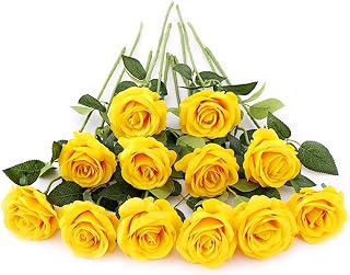 Laelfe 12 Piezas Rosas Artificiales Amarillo, 53 cm Tallo Largo de Flores Artificiales para Boda, Ramo de Novia, Decoración de Hogar, Fiesta, Hotel, Aniversario