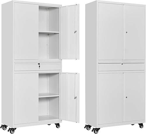 Miniatura 1 de Anxxsu Armario de almacenamiento de metal con ruedas, gabinete de almacenamiento con cerradura de 73 pulgadas con 2 estantes ajustables y 1 cajón