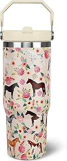 30 oz Horse Tumbler with Handle and Flip Straw, Vacuum Insulated Water Bottle Stainless Steel, Leak Proof Travel Coffee Mug Gifts for Horse Lover, Cute Floral Cup for Home Office Car Outdoors Sports