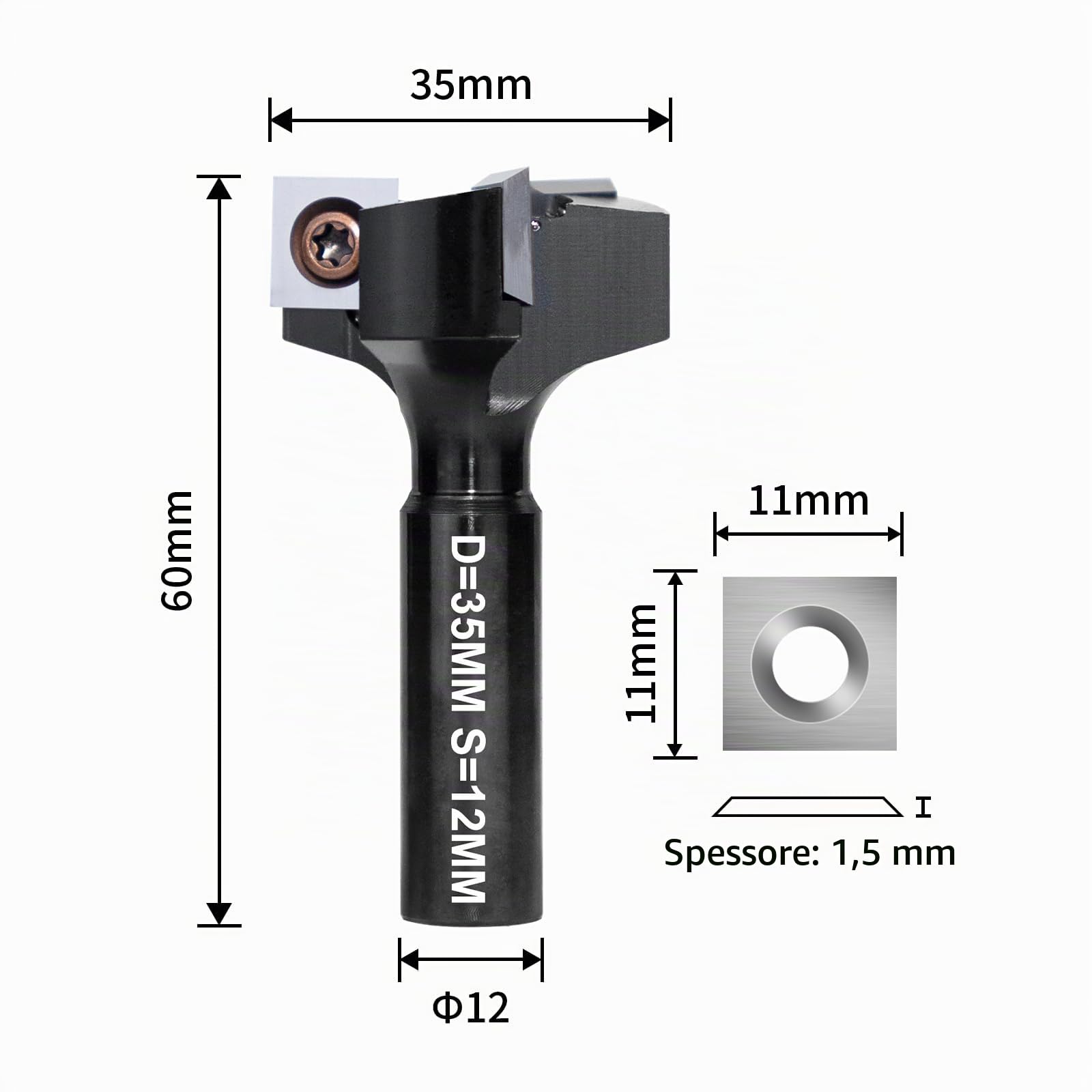 Fresa per spianare legno massello per Fresatrice verticale legno, diametro 35 mm e gambo 12 mm, Fresa per Superfici a 3 lame