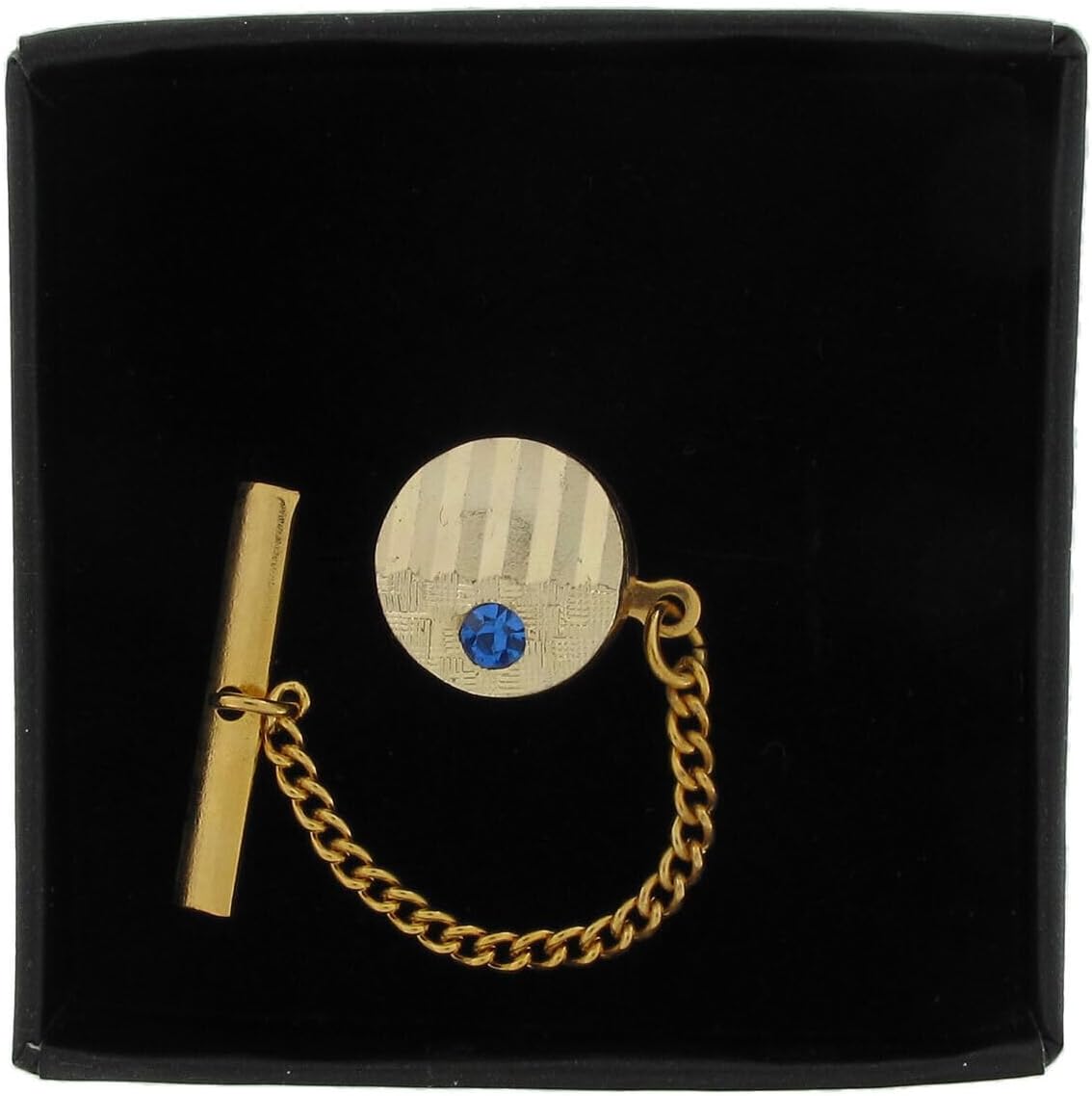 Mens Retro Blue Rhinestone Gold Tone Tie Tac Tack Pin Gift Boxed Fashion Details for Ties Trendy Accessories Stylish Additions Chic Details