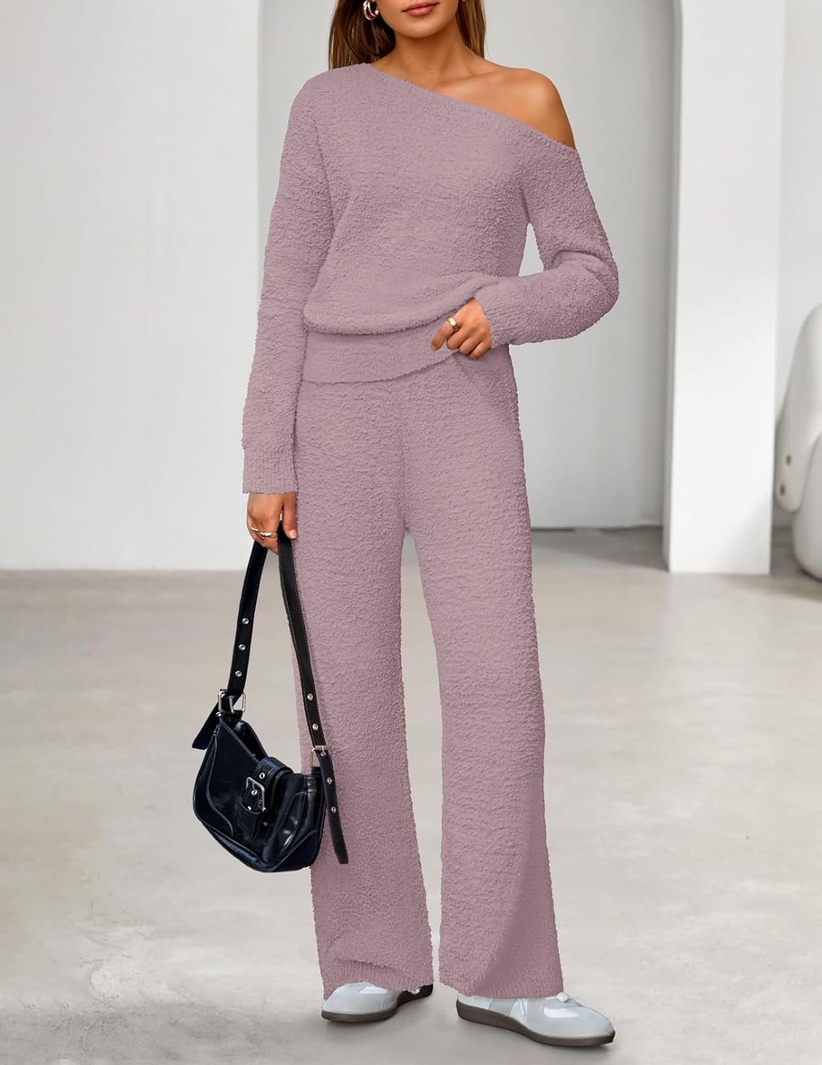 MEROKEETY Women's Fall Pajama Set Fuzzy Fleece 2 Piece Loungewear Off Shoulder Sweater Tops Wide Leg Pants Matching Outfits - Image 6