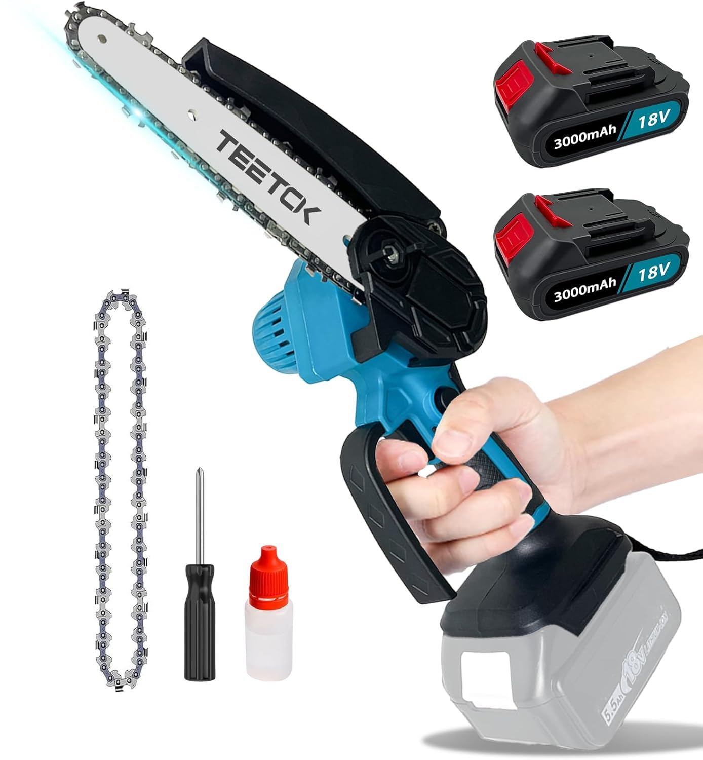 TEETOK Mini Chainsaw Cordless 6 Inch for Makita 18V Battery Handheld Electric Small Chainsaw with 2PCS 3000mAH Battery, 2 Chains for Tree Branches Garden Cutting
