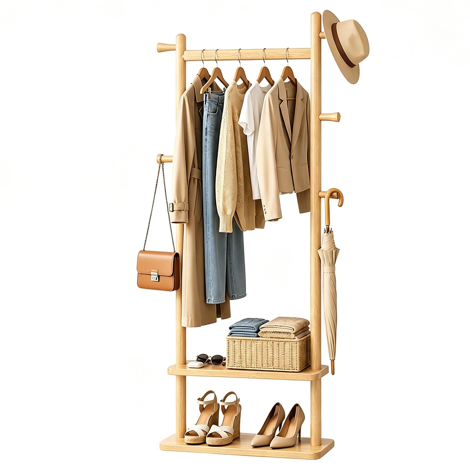 LXXSHOPDS Garment rack Solid Wood Clothing Rack With Wheels, Coat Rack With 2 Shelves And 5 Hooks