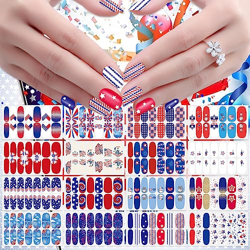 JERCLITY 224 Pieces 16 Sheets 4th of July Nail Wraps for Women Independence Day Polish Strips Patriotic American Flag Self-Adhesive Stickers With File for Memorial Day
