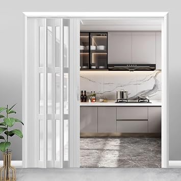 Pvc Folding Door Plastic Interior Accordion Partition Tall 80 Inch, Single Double Interior Closet Doors White Bifold Barn Door with Acrylic Panels & Lock Handle, 20 24 36 42 48 60 70 In 80 "43x80 in/