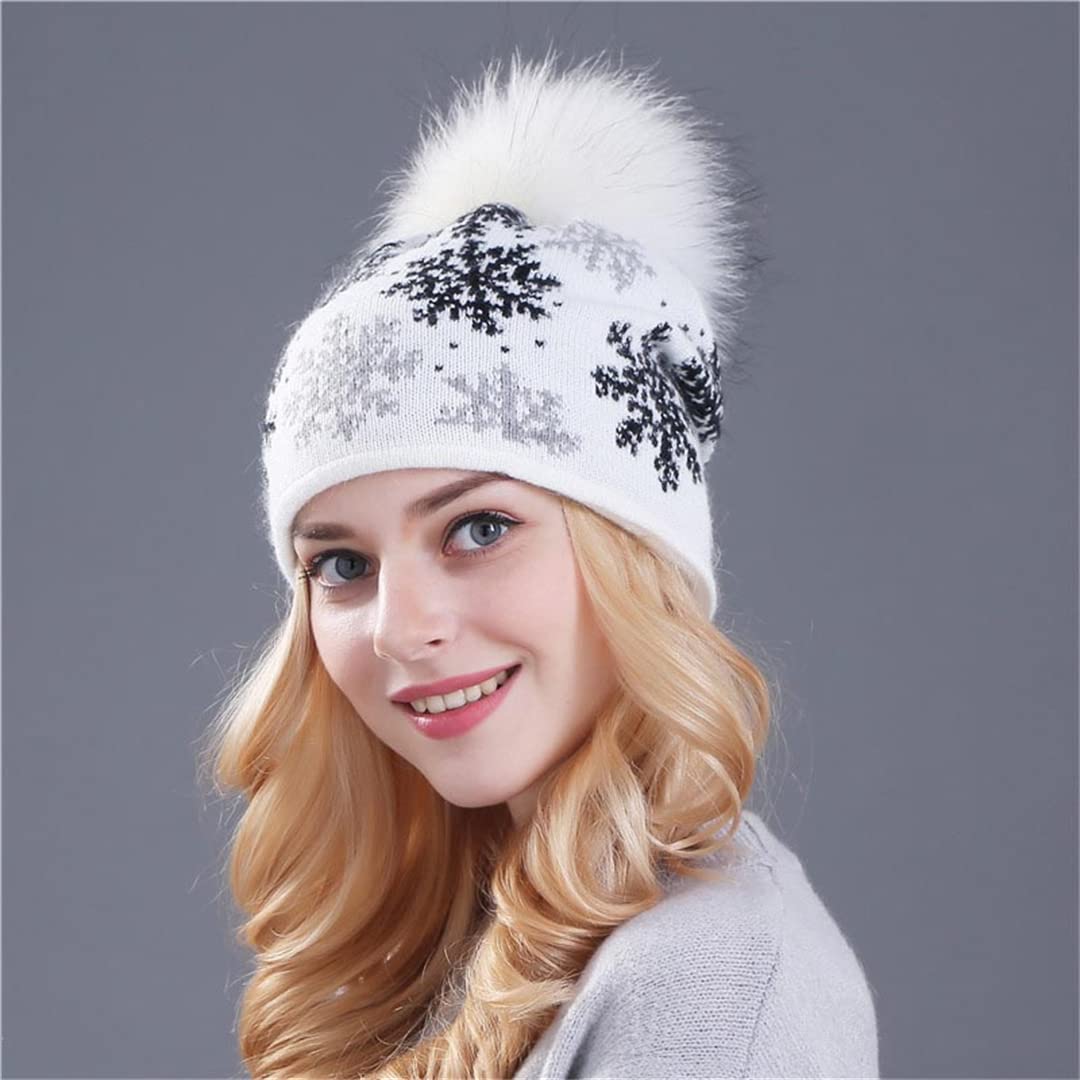 KMMBBTY Gorro de Lana de Piel de Conejo con Pompones de visón Skullies Gorros Gorro de Nieve de Navidad de Invierno