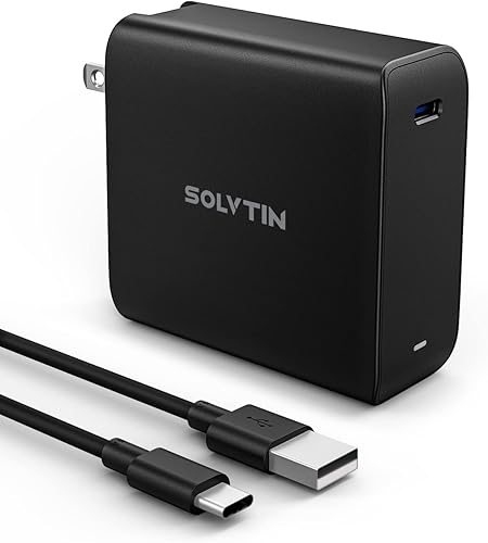 Cargador USB C, SOLVTIN PD100W GaN Bloque de cargador de pared súper rápido con cable tipo C de 100 W, enchufe de pared USB de un solo puerto para