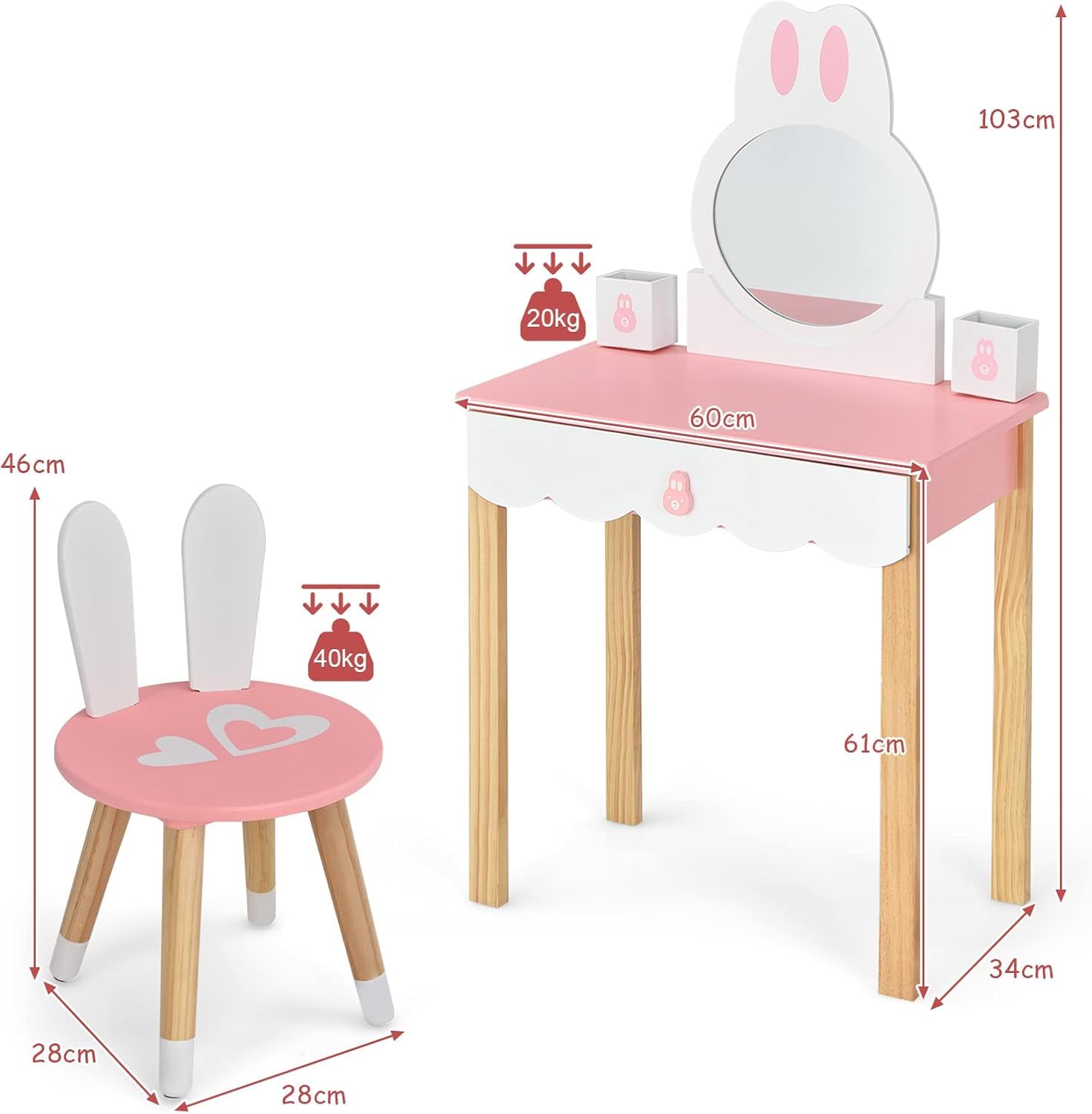 FANTASK Tocador Infantil con Taburete, tocador de Princesa en Rosa y Blanco, tocador con cajones de Espejo y Caja de Almacenamiento para niñas