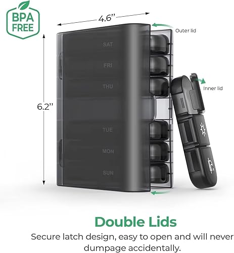 Miniatura 4 de PULIV Pastillero semanal 3 veces al día, pastillero portátil de viaje para 7 días con grandes pastilleros, pastillero a prueba de luz para