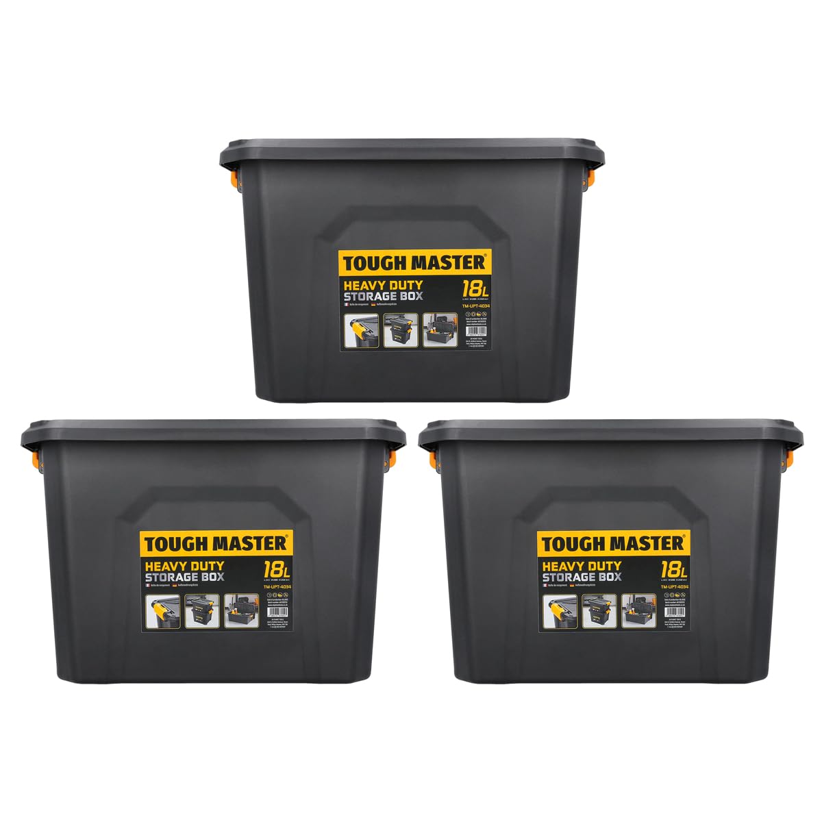 TOUGH MASTER Storage Boxes with Lids 18L Strong Tool Box Stackable for Home, Office & Workshop (Pack of 3)