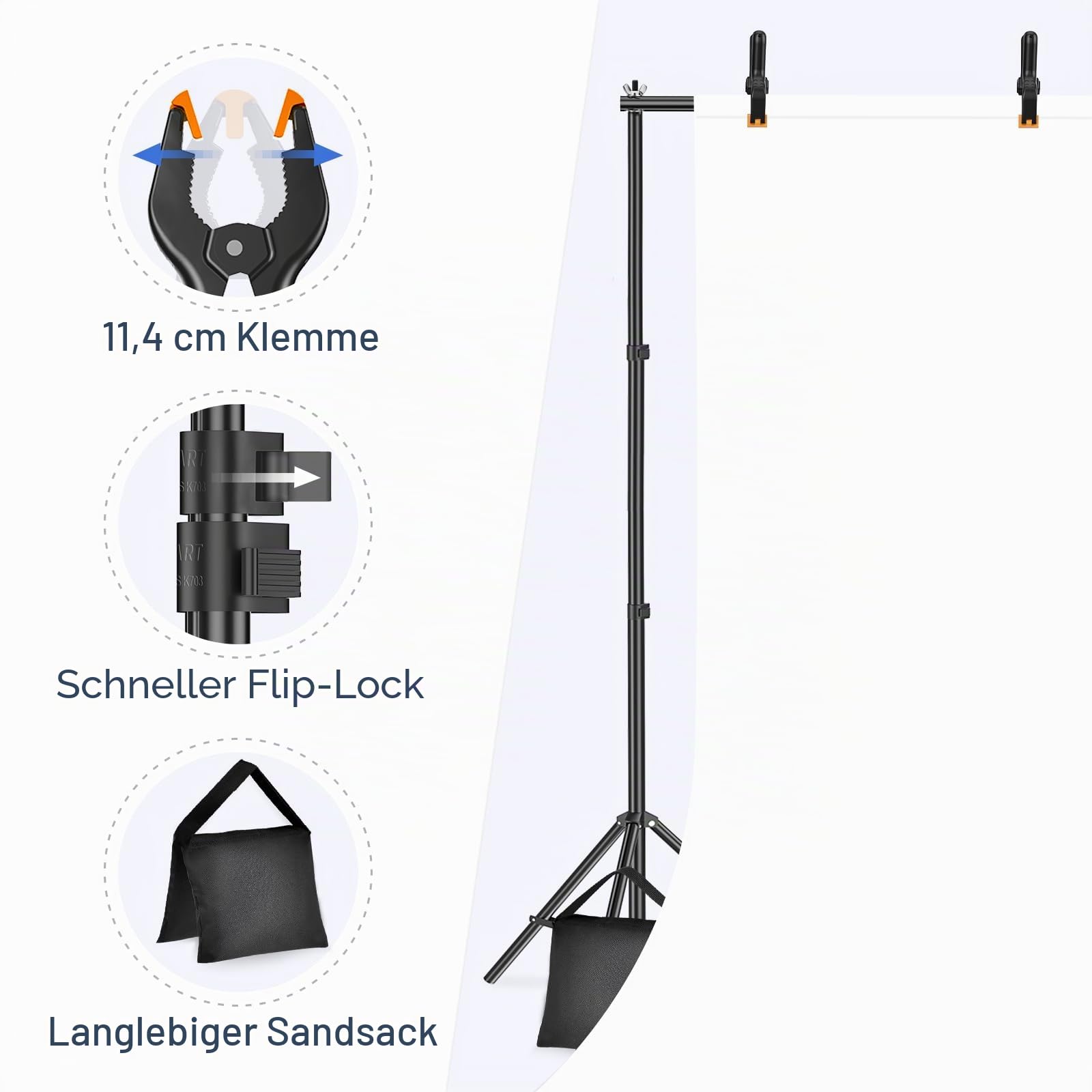 EMART Foto Hintergrund Ständer, 2x3m Verstellbarer Hintergrundsystem mit 8 Hintergrundklemmen, 2 Sandsack für Fotostudio Porträt Produktfotografie Studiofotografie, aus Metall