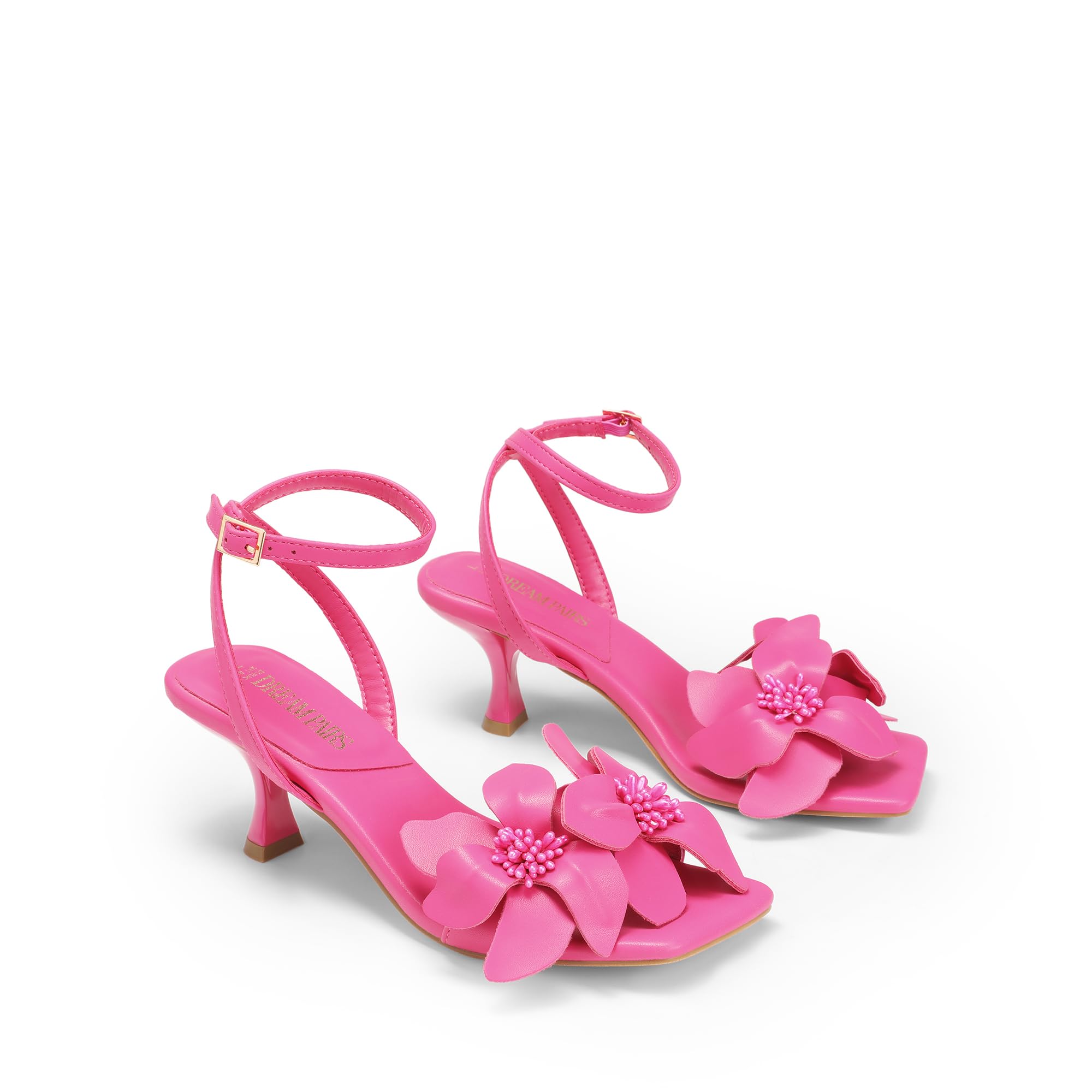 DREAM PAIRS Women's Flower Wedding Heels Cute Square Toe Slingback Low Kitten Heels Sandals with Ankle Strap