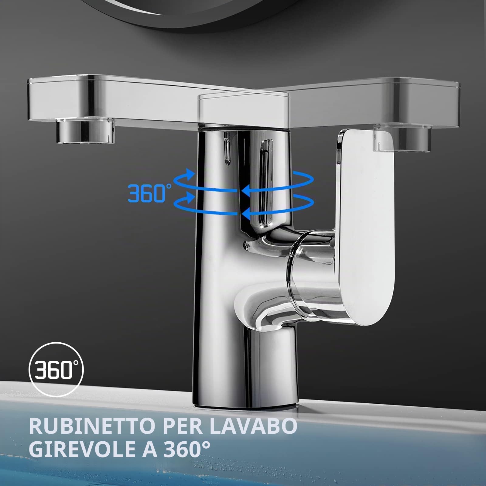 Cobbe Rubinetto da bagno, girevole a 360°, adatto per tutti i tipi di lavabo, salvaspazio per acqua fredda e calda, cromato