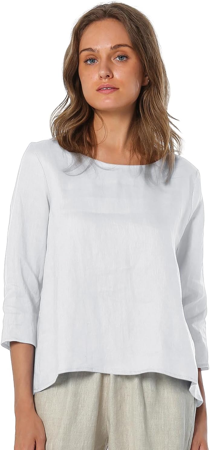 Amazhiyu Women's Linen 3/4 Sleeve Blouse Crew Neck Summer Casual Tops Loose Fit - Image 2