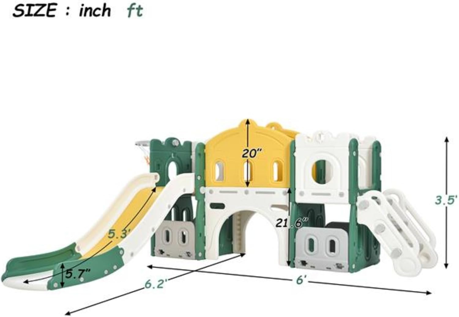 5 In 1 Children's Slide Play Set,Free-standing Castle Climbing Frame with Slide and Basketball Stand, Children's Climbing Playhouse, Suitable for Indoor and Outdoor Activities, Yellow, White and Green