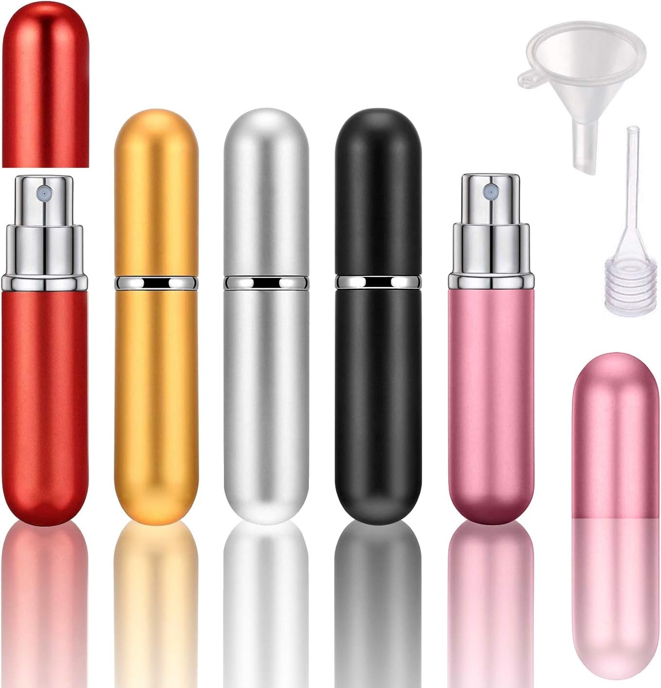 Perfume Atomiser Bottles, ZAWTR 5 Pieces Refillable Perfume Bottle Fragrance/Aftershave Atomiser Bottle, Mini Portable Empty Travel Atomiser Spray Bottle with Funnel Pump and Pipette(5 ml, 5 colors)