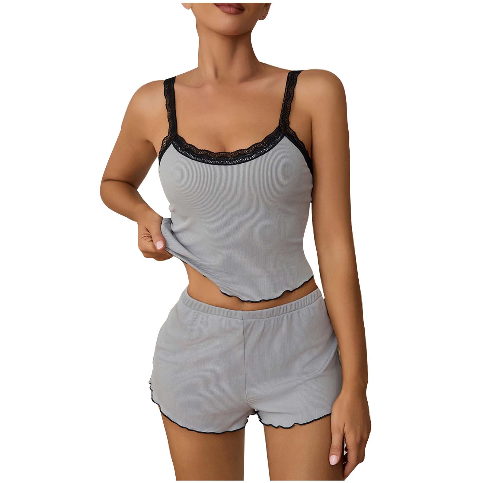 Women Sexy 2 Piece Pajama Set Summer Cute Lace Trim Crop Camisole Top Shorts Lounge Sleepwear Soft Ribbed