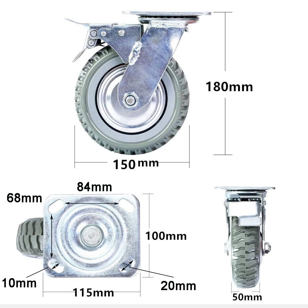 Nisorpa 4 ruote girevoli da 150 mm per carichi pesanti, con freno, girevoli a 360°, ruote per il trasporto, ruote in gomma piena, portata 1000 kg (2 ruote fisse e 2 ruote con freno)