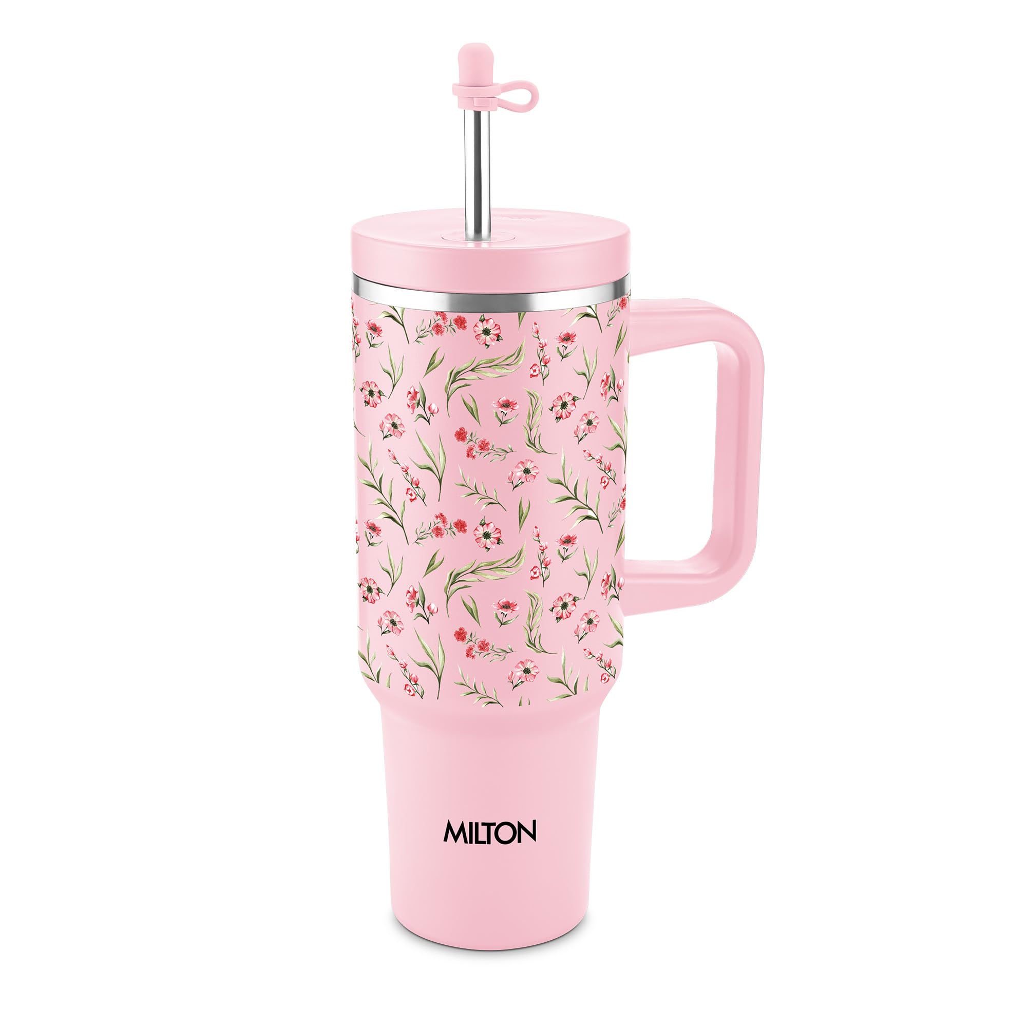 MILTON My Tumbler Studio 1200 Thermosteel Double Wall Vacuum Insulated SS Tumbler with Handle 1100ml, Leak Proof Travel Mug, Straw, Silicon Cap Cleaning Brush, Hot & Cold Beverage Flask, Pink Floral