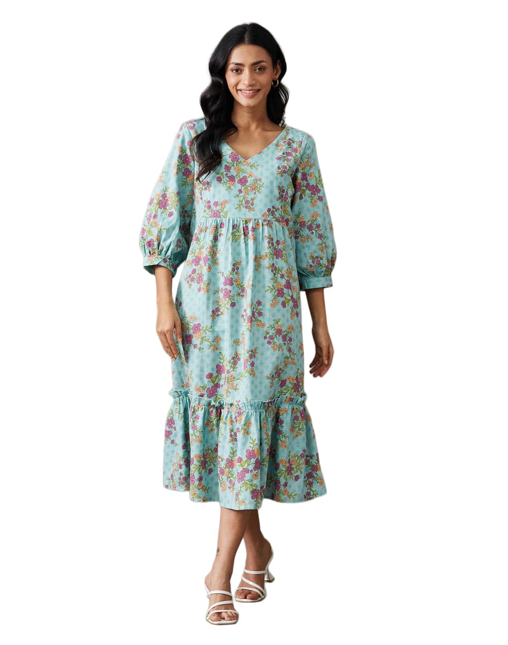 fabindia Fabnu Women Cotton Aqua Printed V-Neck 3Q Sleeves Everyday Regular Fit Dress-picture-26