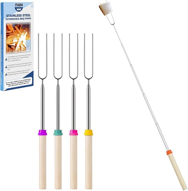 CUQOO 4 Pack Marshmallow Toasting Forks Kit - Extending Stainless Steel U-Shape Smores Sticks for Roasting & Toasting Over an Open BBQ - Retractable Fire Pit Accessories for Outdoor, Indoor, Campfire