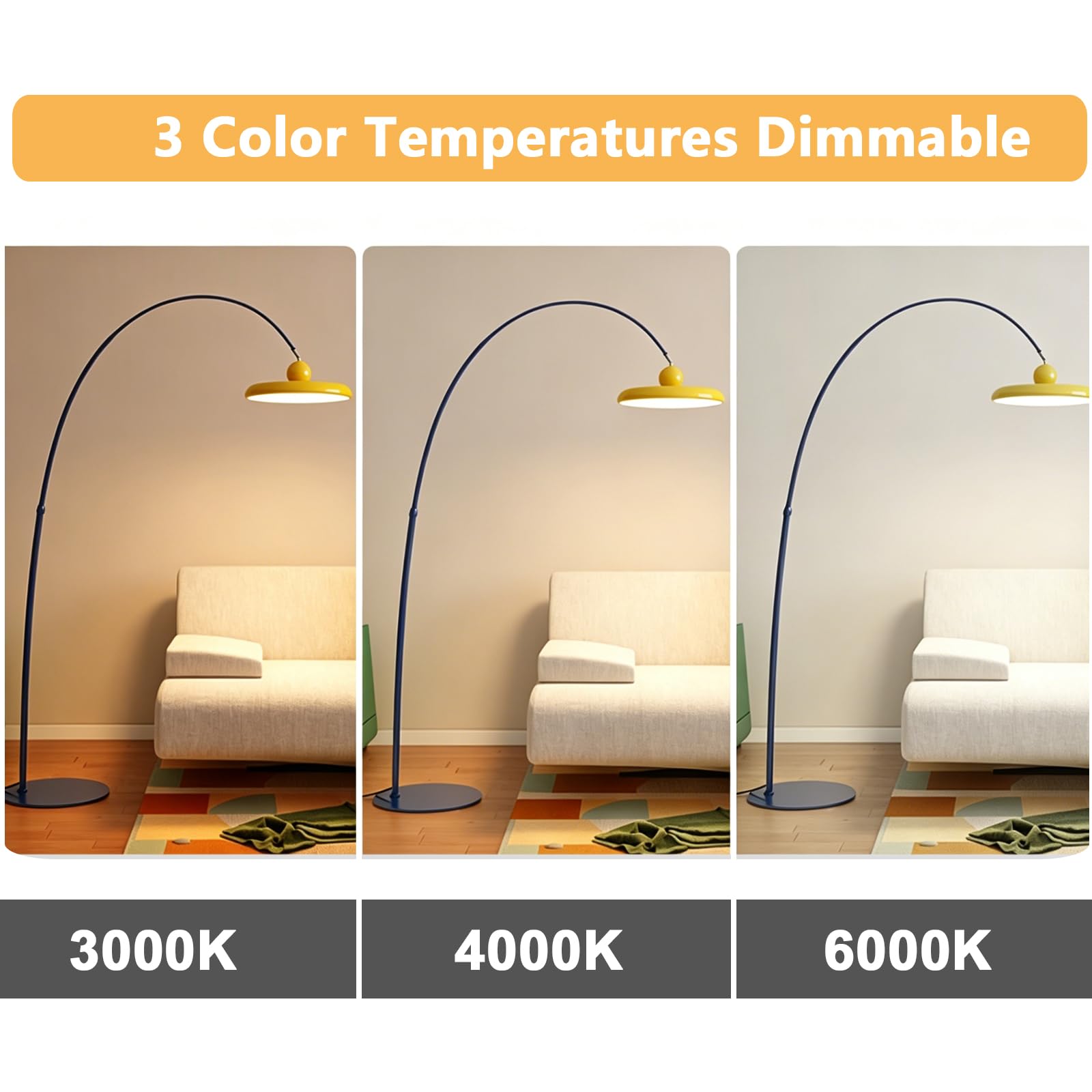 Lampada da terra ad arco moderna, lampada da terra colorata con LED da 32W, paralume giallo, altezza regolabile e interruttore a pedale, lampada da terra dimmerabile per soggiorno, lettura