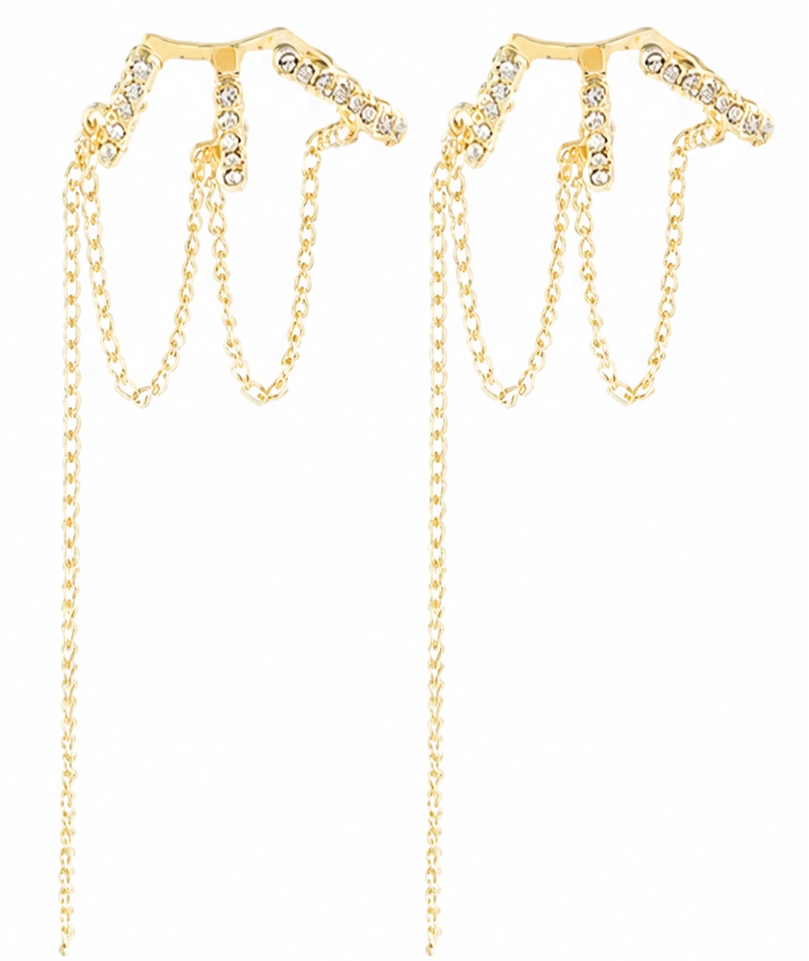 2PCS Gold Crystal Chain Ear Cuff for Women,Glitter Triple Rhinestone Long Tassel Drop Earrings Clips Cartilage Wrap Non Piercing Earrings,Suitable for Daily Wear-image-29
